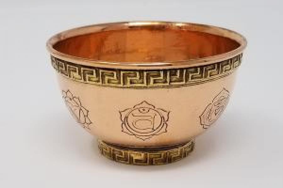 Tibetan Symbol Copper Offering Bowl 3"D