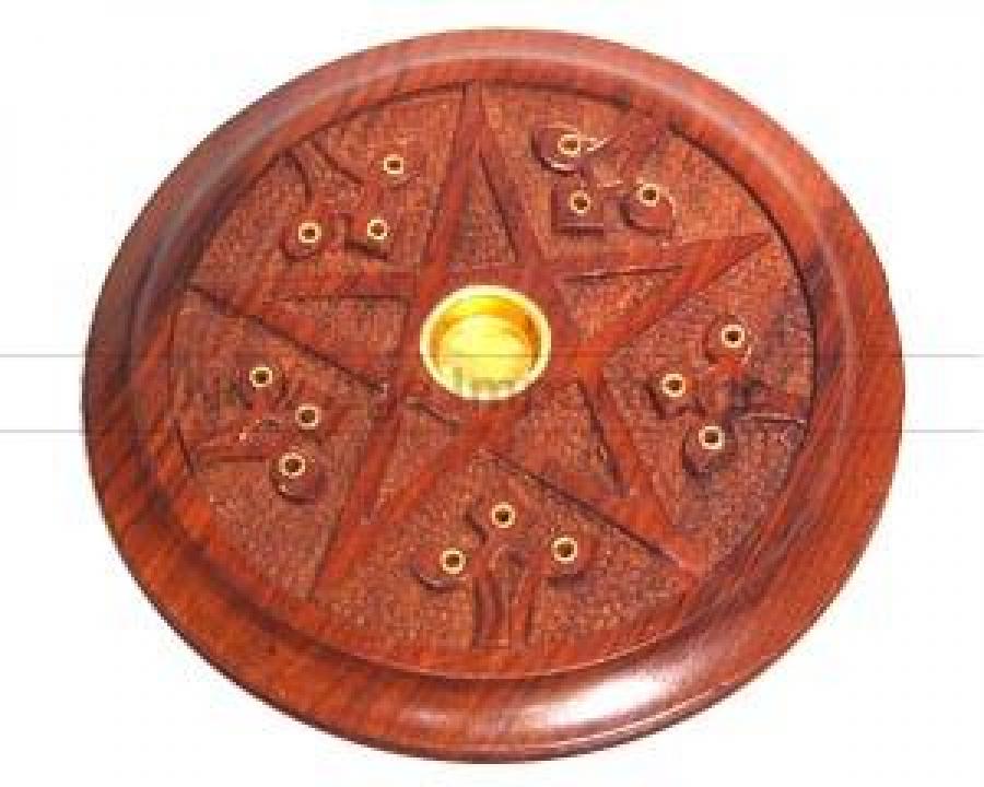 Wood Pentacle Carved Stick/Cone Burner 5"D