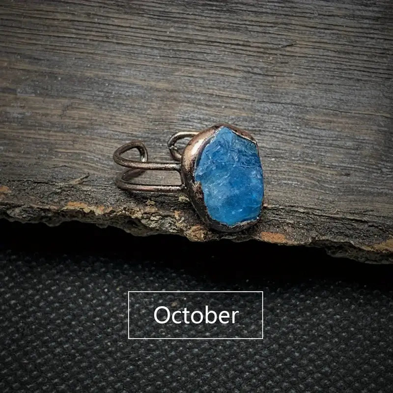 1pc BLUE APATITE - OCTOBER - LIBRA Vintage Ring Zodiac Theme Inlaid Natural Stone Adjustable Cuff