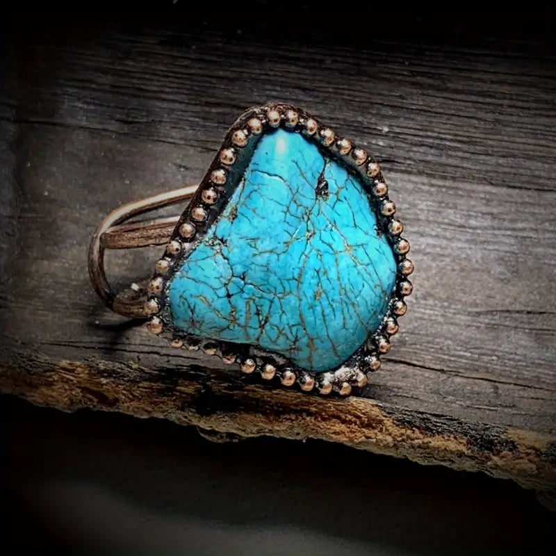 1pc Vintage Ring Inlaid Natural Stone Turquoise Irregular Shape Double Layer Band - SAGITTARIUS