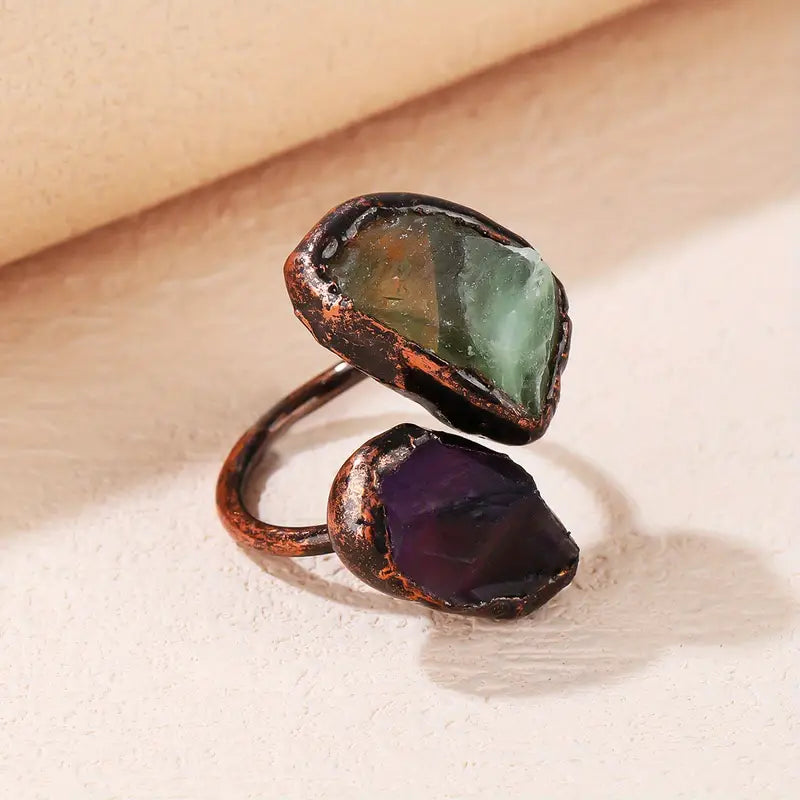 Wrap Ring Inlaid Natural Crystal - Amethyst and Green Fluorite