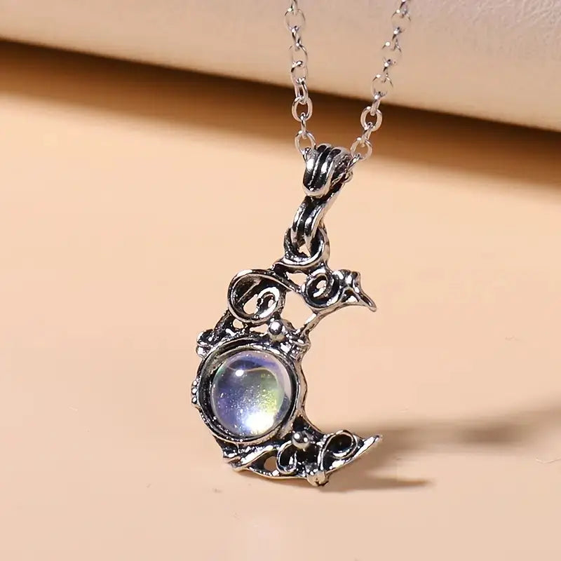 Bohemian Moon Inlaid Moonstone Pendant Necklace Boho