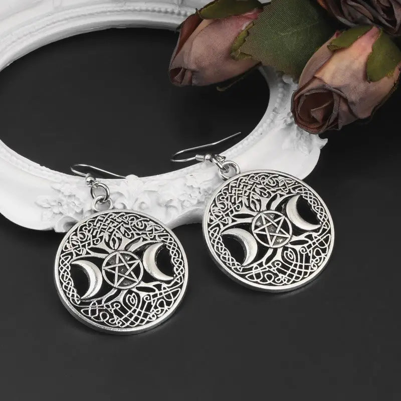 Moon Pentagram Flower Pattern Silvery Round Dangle Earrings Witch Witchy Goth