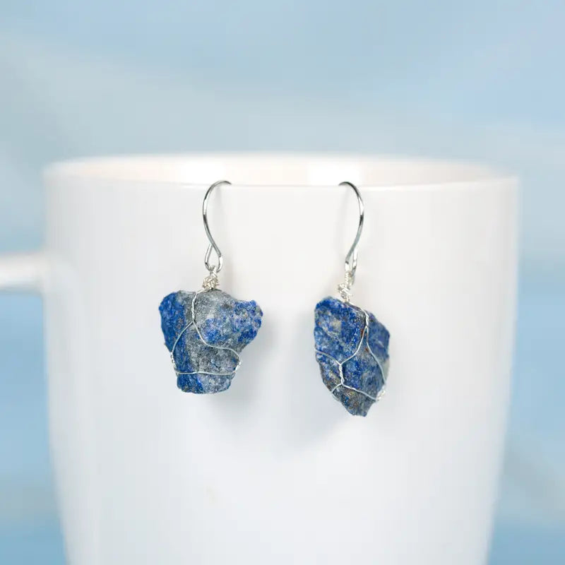 Lapis Lazuli Natural Crystal Earrings, Natural Stone Pendant Earrings, Birthstone Earrings, Rough Crystal Earrings
