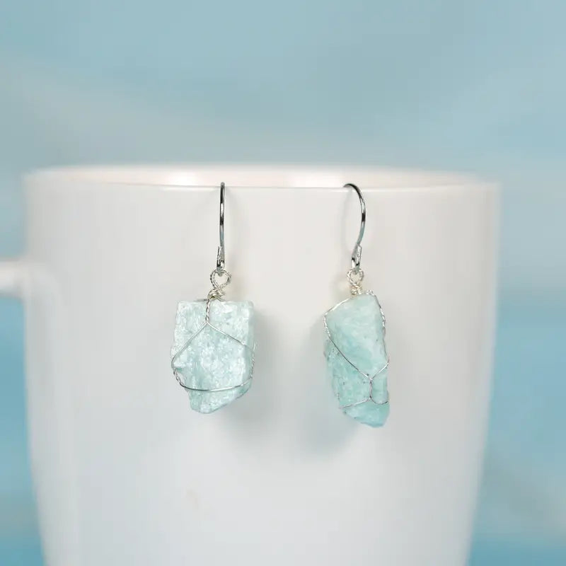 Amazonite Natural Crystal Earrings, Natural Stone Pendant Earrings, Birthstone Earrings, Rough Crystal Earrings