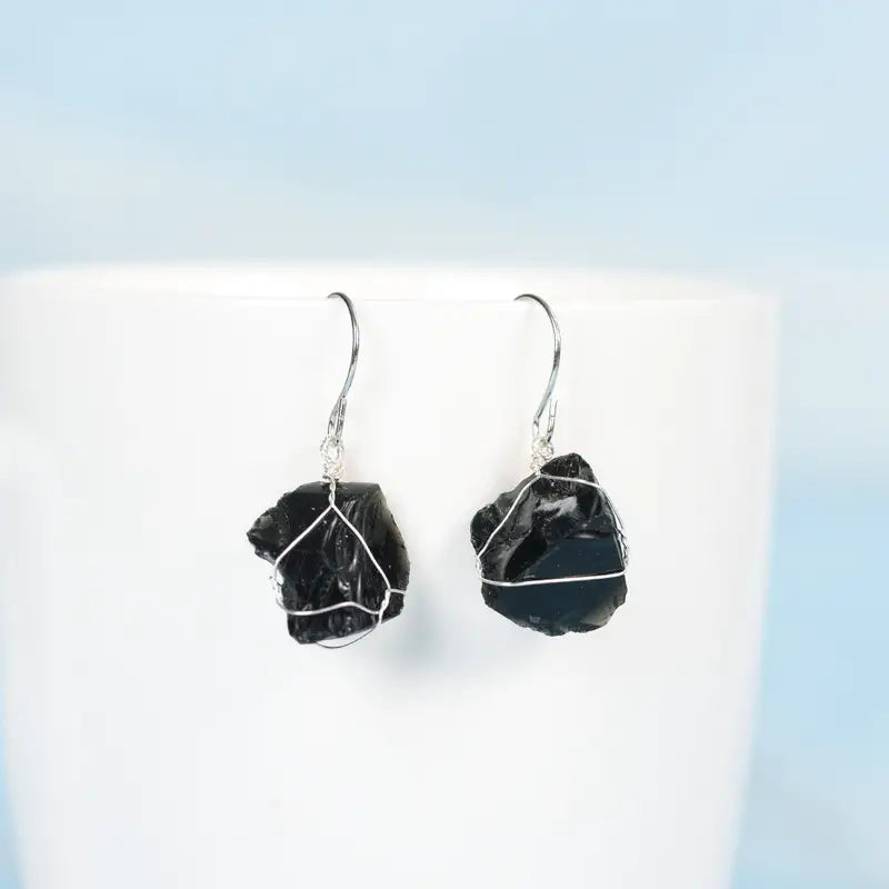 Obsidian Natural Crystal Earrings, Natural Stone Pendant Earrings, Birthstone Earrings, Rough Crystal Earrings