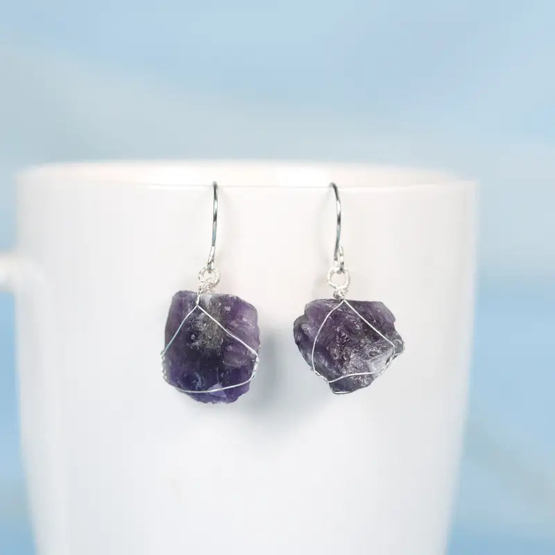 Amethyst Natural Crystal Earrings, Natural Stone Pendant Earrings, Birthstone Earrings, Rough Crystal Earrings