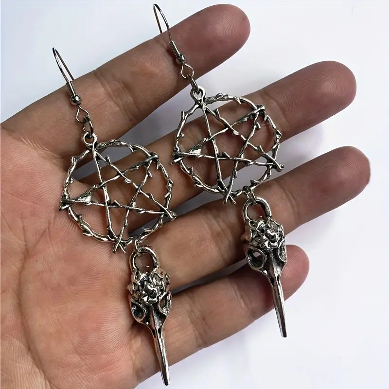 1 pair Skeleton Crow Hollow Pentagram Design Dangle Earrings Alloy Jewelry Goth Witch Witchy