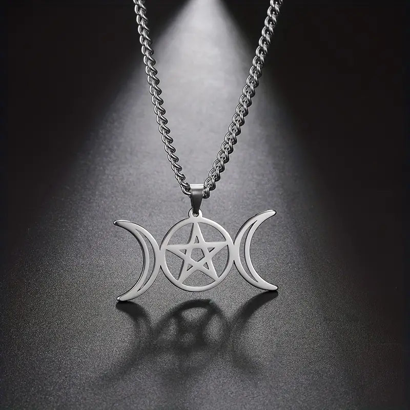 Moon Pentagram Round Pendant Necklace Stainless Steel Amulet Witch Witchy Goth