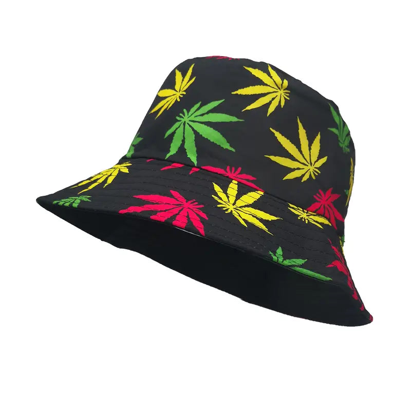 1pc Colorful Leaf Print Bucket Hat Reversible Rasta Basin Hat Casual Sunscreen Travel Beach Hats