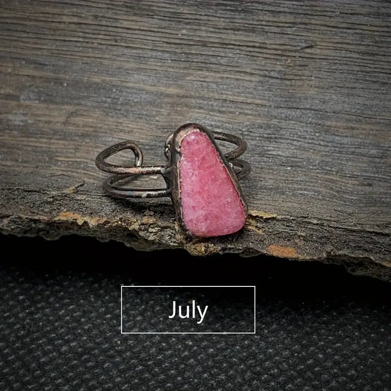 1pc RHODOCHROSITE JULY CANCER Vintage Ring Zodiac Theme Inlaid Natural Stone Adjustable Cuff Ring