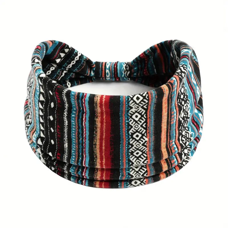 Women's Non-Slip Aztec Boho Bohemian Hippie Art Sports Headband for Running, Yoga, and Fitness - Wide Elastic Sweat Band with Knotted Design