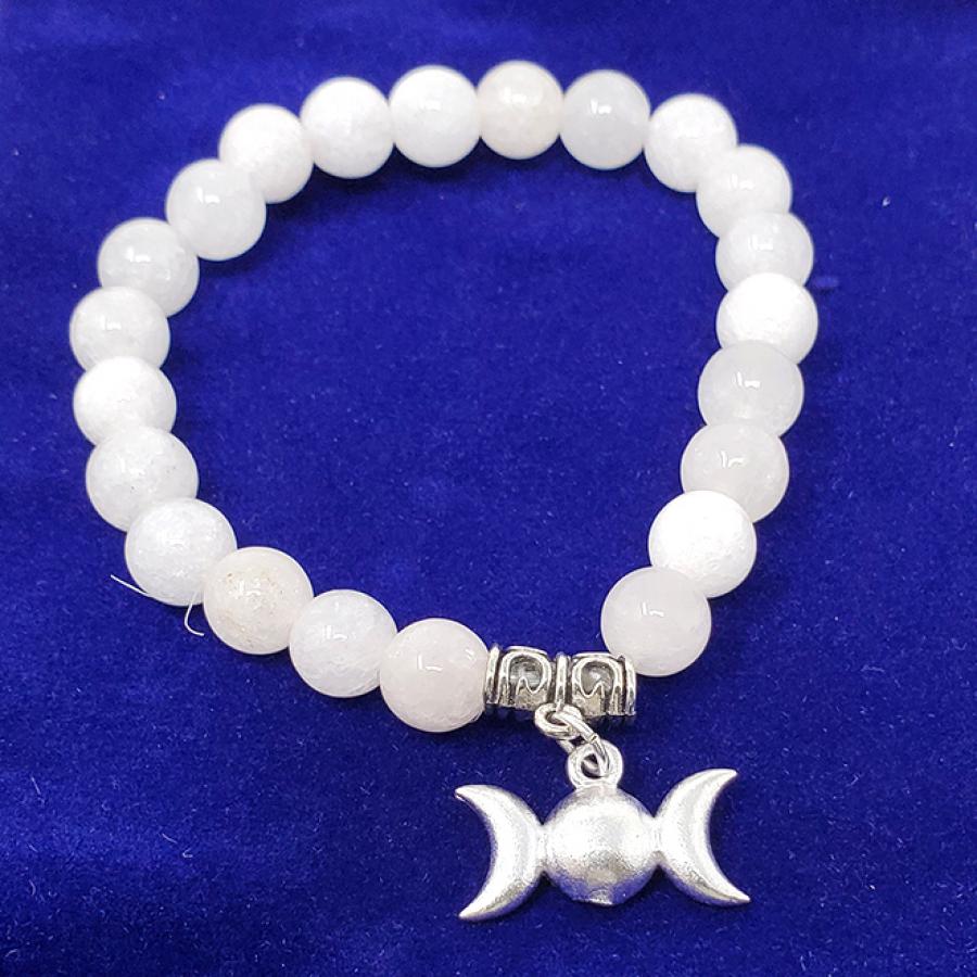 White Agate Gem Stone Bracelet with Triple Moon Charm w/ Velvet Bag.