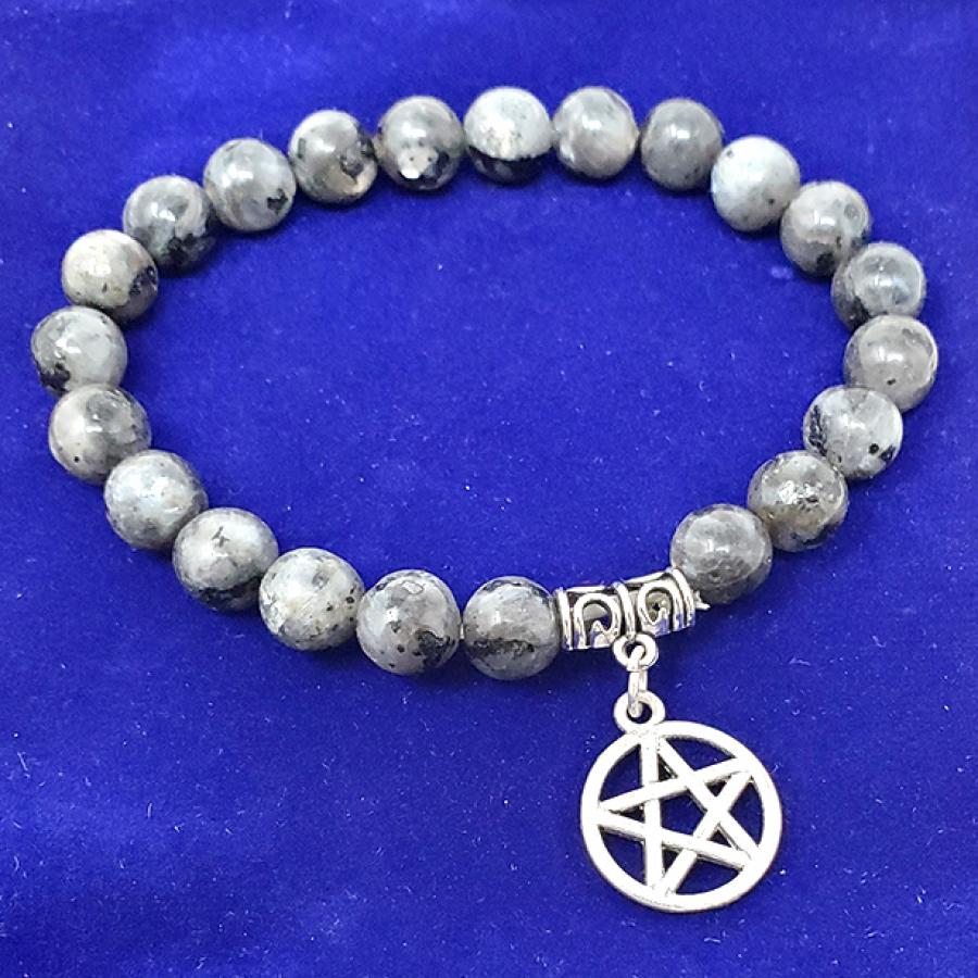 Larvikite Gem Stone Bracelet with Pentagram Charm w/ Velvet Bag.