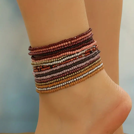 1pcs ONE ANKLET RANDOM COLOR Brown Rice Beads Beaded Anklet Vintage Adjustable Ankle Bracelet For Women Stackable