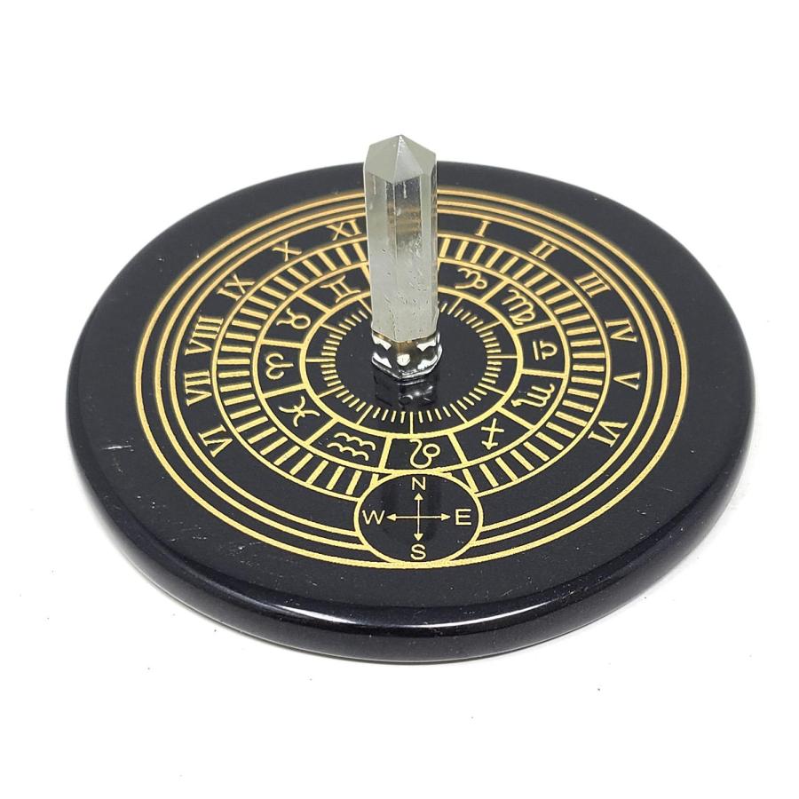 Black Agate Zodiac Sun Clock Gold Printed Altar Tile w/ Crystal Quartz