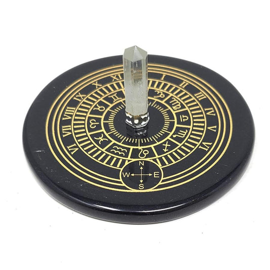 Black Agate Zodiac Sun Clock Gold Printed Altar Tile w/ Crystal Quartz