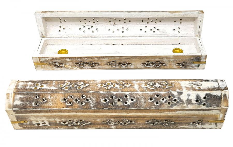 White Wash Carved Wood Incense Box Burner 12"L - ONE BURNER