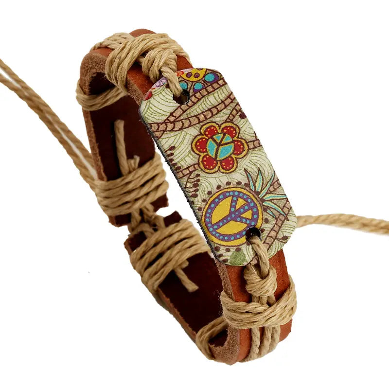 Hemp Rope Braided Leather Bracelet Peace Sign Hippie Boho Bohemian