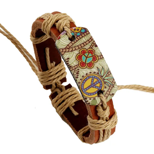Hemp Rope Braided Leather Bracelet Peace Sign Hippie Boho Bohemian