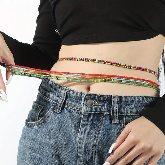 RANDOM COLOR Beaded Waist Chain With Mini Rice Beads Colorful Stackable Body Chain Jewelry Decor Bohemian ONE CHAIN