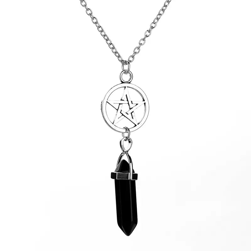 BLACK ONYX Healing Natural Stone Reiki Chakra Protection Pendant Necklace Wicca Pentagram Lotus Yoga Sign Witch Witchy Goth Pentacle
