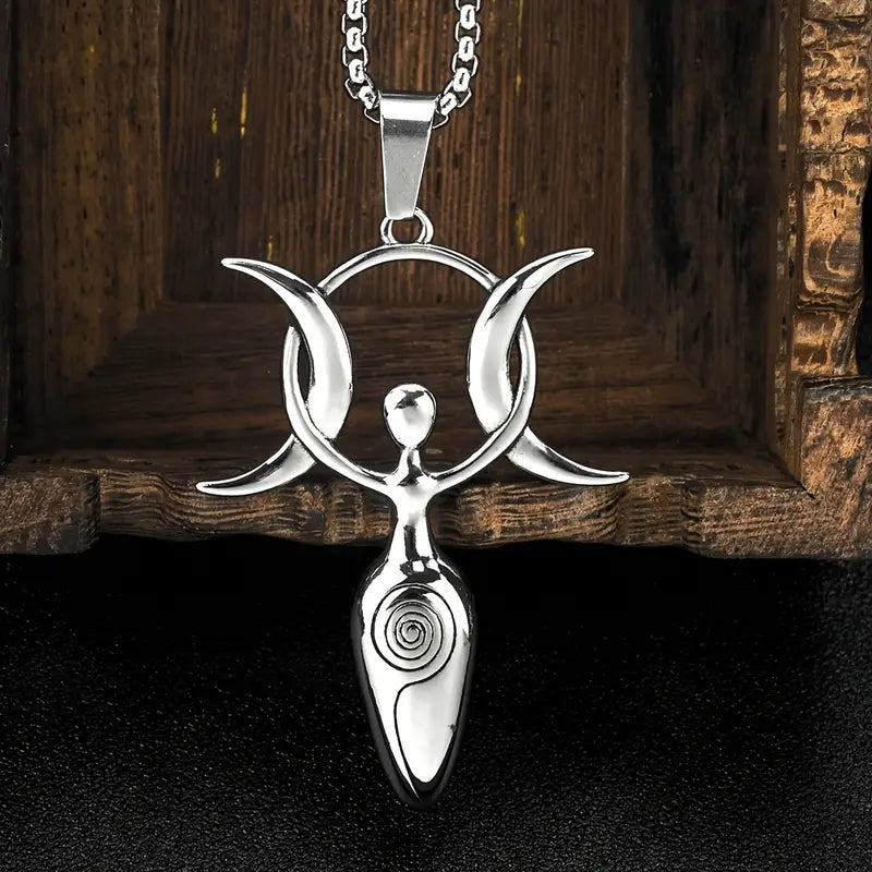 Titanium Ancient Symbol Celtic Witch Style Goddess Necklace Pendant Double Crescent Moon Sun Design Pendant Necklace Goth