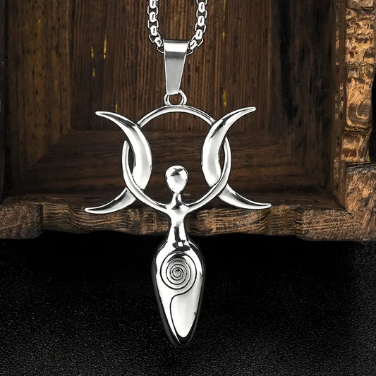 Titanium Ancient Symbol Celtic Witch Style Goddess Necklace Pendant Double Crescent Moon Sun Design Pendant Necklace Goth