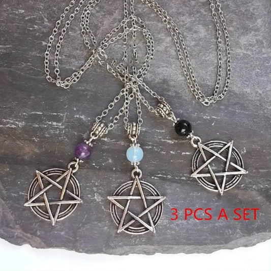 ONE NECKLACE Wicca Moonstone Opalite Pentagram Necklace Witch Pentacle Necklace, RANDOM COLOR Goth Wiccan Gemstone