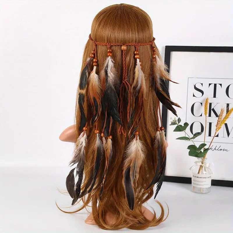 Feather Headband Gypsy Style Hair Band Indian Head Piece Handmade Feather Hair Accessories BROWN