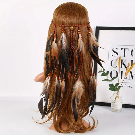 Feather Headband Gypsy Style Hair Band Indian Head Piece Handmade Feather Hair Accessories BROWN