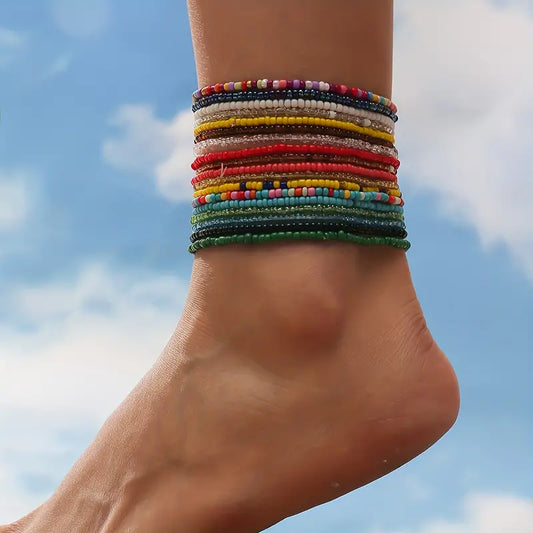 1pc ONE ANKLET RANDOM COLOR Stretch Beaded Anklet With Colorful Mini Rice Beads Boho Style Summer Beach Stackable Foot Jewelry