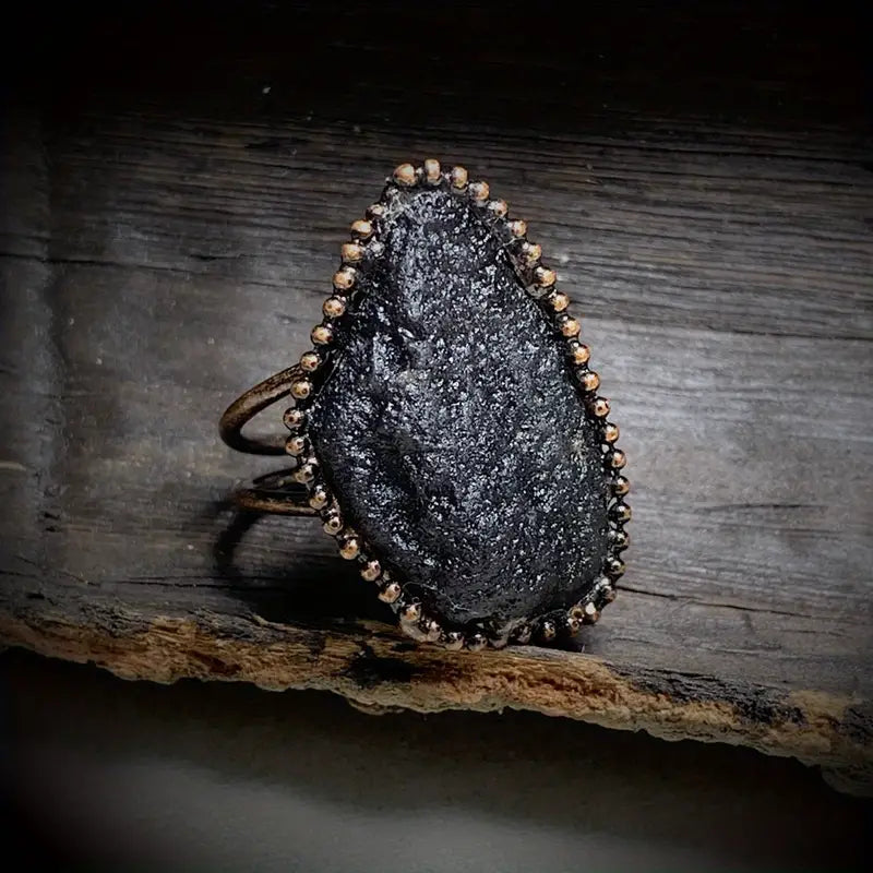 1pc Vintage Ring Inlaid Natural Stone Meteorite Irregular Shape Double Layer Band