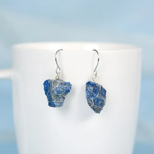 Lapis Lazuli Natural Crystal Earrings, Natural Stone Pendant Earrings, Birthstone Earrings, Rough Crystal Earrings