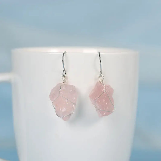 Rose Quartz Natural Crystal Earrings, Natural Stone Pendant Earrings, Birthstone Earrings, Rough Crystal Earrings