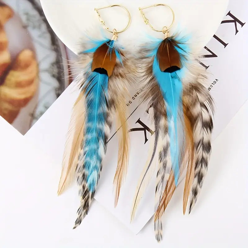 Multicolor Handmade Natural Feather Dangle Earrings Bohemian Boho