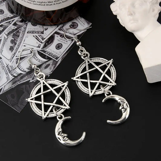 Silvery Color Mystical Witchcraft Crescent Pentagram Moon Drop Earrings Gothic Witch Witchy