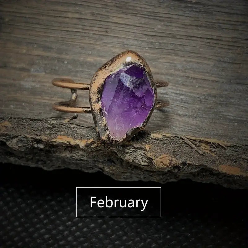 1pc AMETHYST FEBRUARY AQUARIUS Vintage Ring Zodiac Astrology Theme Inlaid Natural Stone Adjustable Cuff Ring
