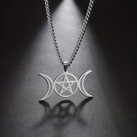 Moon Pentagram Round Pendant Necklace Stainless Steel Amulet Witch Witchy Goth