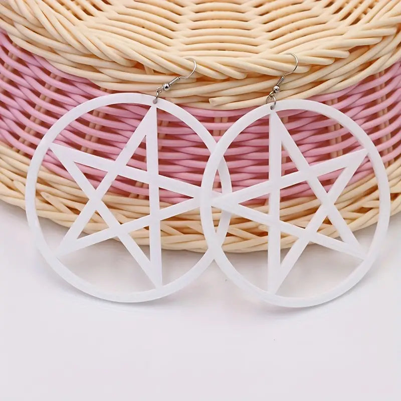 Pentagram Big Circular Dangle Drop Earrings WHITE