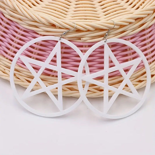 Pentagram Big Circular Dangle Drop Earrings WHITE