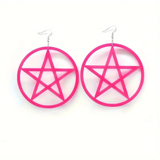 Pentagram Big Circular Dangle Drop Earrings Witch Witchy Goth PINK