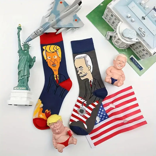1pair Creative Trendy The End Of The United States Pattern Cotton Blend Crew Socks, Biden & Trump Asymmetrical Unisex Socks For Men And Women Couples Friends Teenager Girls Boys Gifts