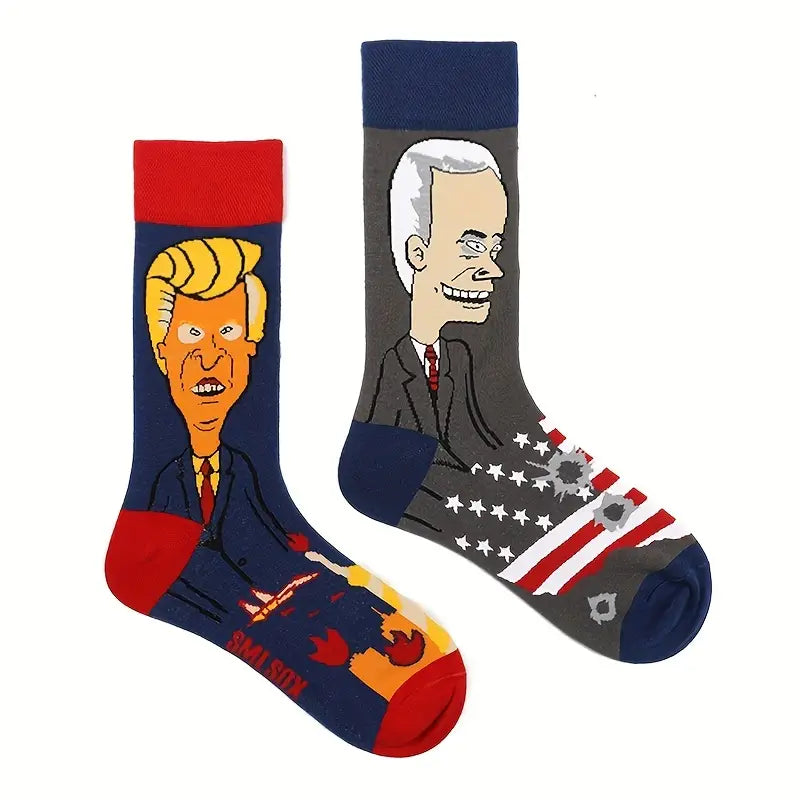 1pair Creative Trendy The End Of The United States Pattern Cotton Blend Crew Socks, Biden & Trump Asymmetrical Unisex Socks For Men And Women Couples Friends Teenager Girls Boys Gifts