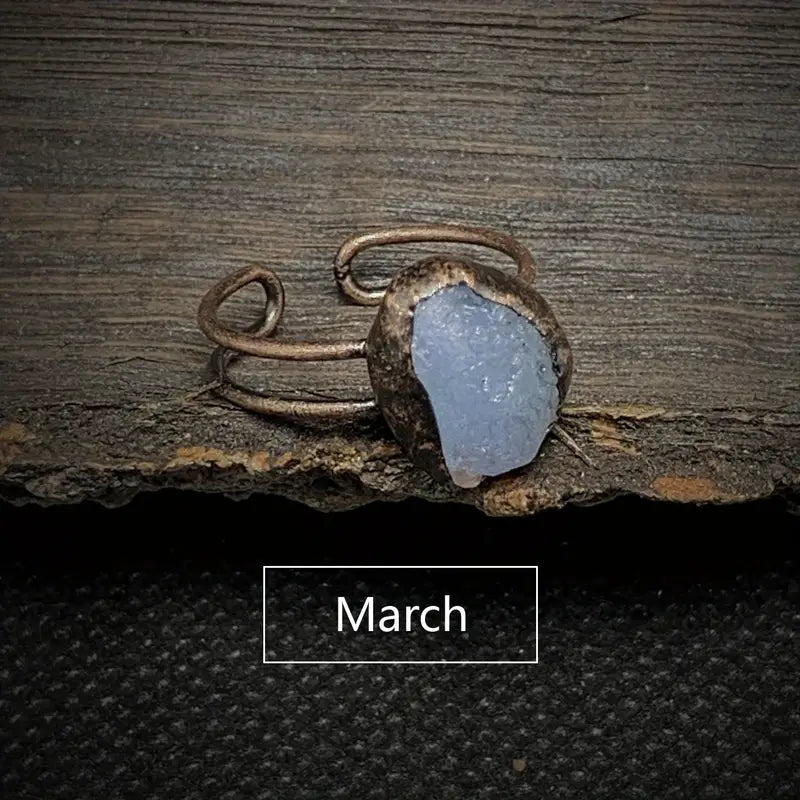 1pc AQUAMARINE MARCH PISCES Vintage Ring Zodiac Astrology Theme Inlaid Natural Stone Adjustable Cuff Ring