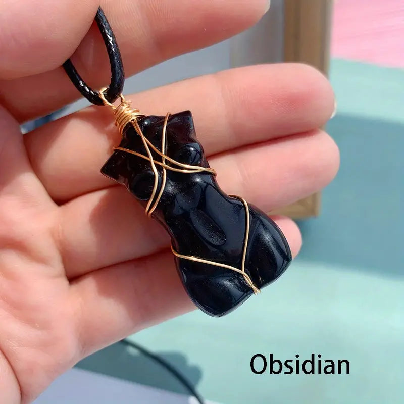1pc, Natural Stone Obsidian Crystal Goddess Pendant Necklace