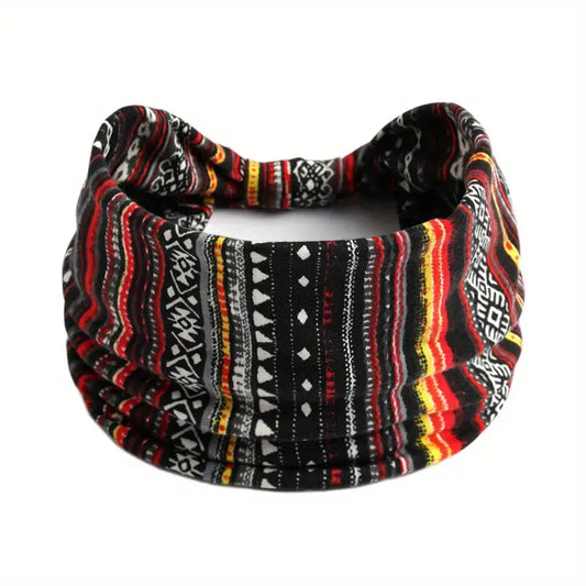 Women's Non-Slip Aztec Boho Bohemian Art Sports Headband for Running, Yoga, and Fitness - Hippie Wide Elastic Sweat Band with Knotted Design