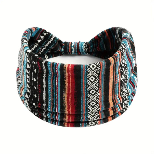 Women's Non-Slip Aztec Boho Bohemian Hippie Art Sports Headband for Running, Yoga, and Fitness - Wide Elastic Sweat Band with Knotted Design