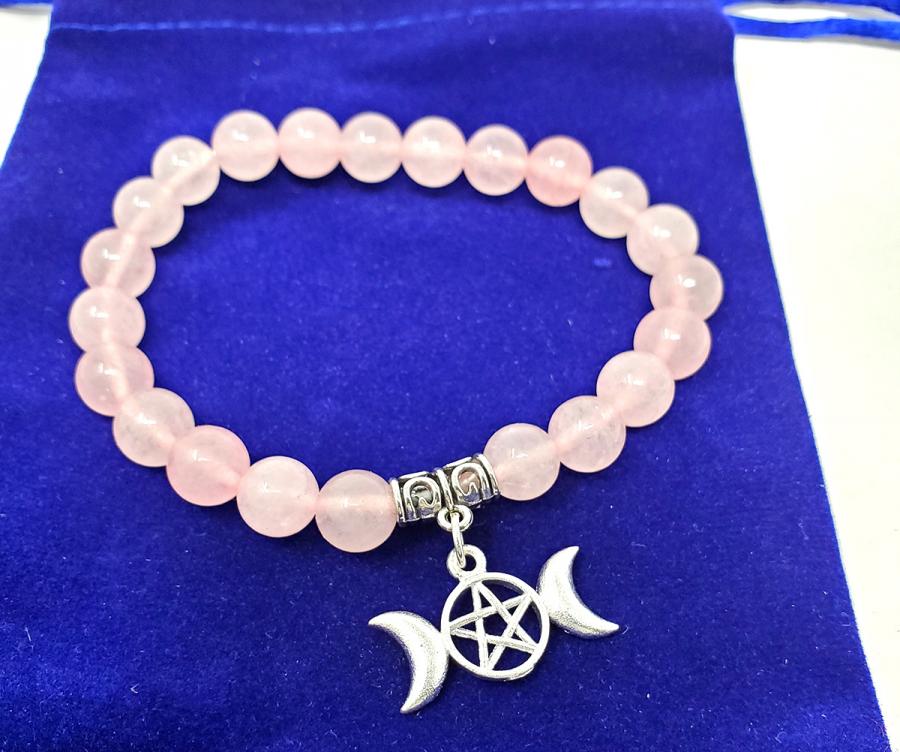Rose Quartz Gem Stone Bracelet with Triple Moon Pentagram Charm w/ Velvet Bag