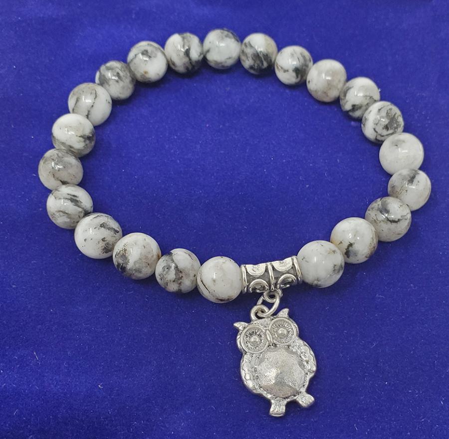 Black Sesame Gem Stone Bracelet with Owl Charm w/ Velvet Bag